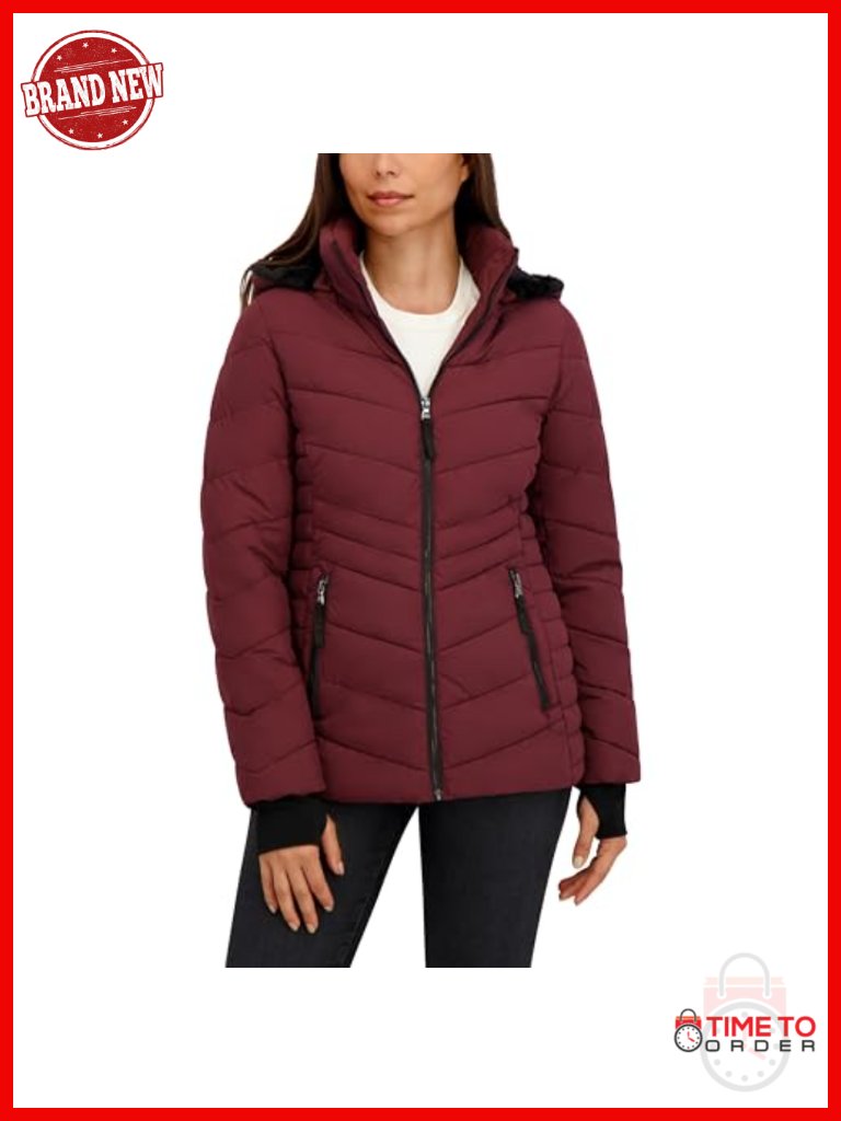 Mid-Weight Puffer Jacket With Faux Fur Hood Lining, Thumbhole Cuffs, Stretch